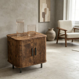 Bedside Table with Sliding Doors and Two Tier Storage, Particle Board and Steel, Rustic Brown and Black