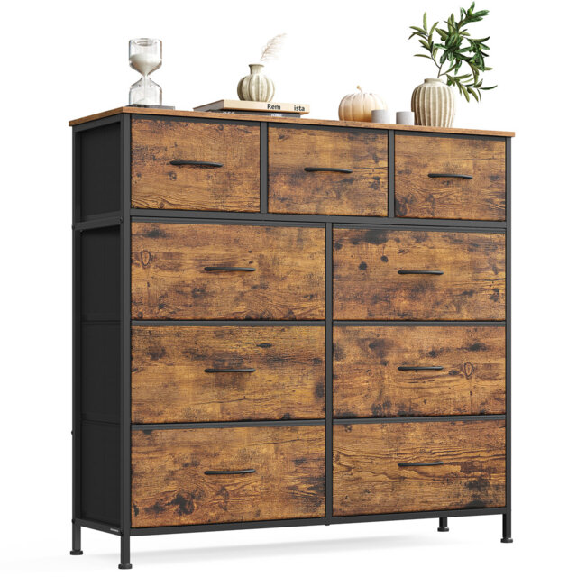 Chest Of Drawers, 9 Storage Drawers Bedroom, Storage Unit, Steel, MDF, Non-Woven Fabric, For Bedroom, Closet, Hallway, Living Room, Rustic Brown And I