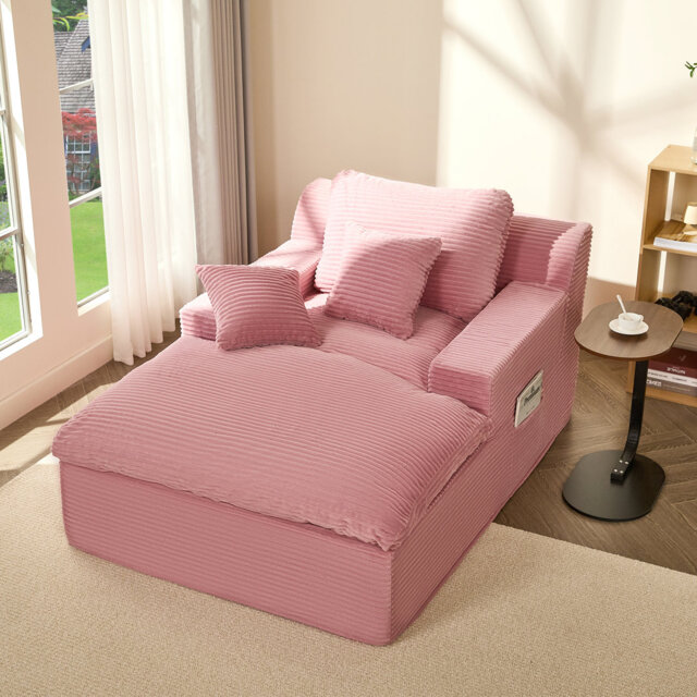 Corduroy Chaise Lounge Chair with Removable Washable Cover, No Assembly, Anti-Slip Base for Living Room & Bedroom