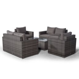 Villatoro Grey Rattan 2 X 2 Seat Sofa + 2 X Armchairs & Ice Bucket Rectangle Coffee Table, Outdoor Patio Garden Furniture