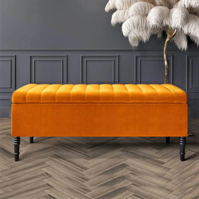 Paris Striped Ottoman Storage Bench - Upholstered Plush Velvet Shoes Bench with Black Turned Wooden Legs
