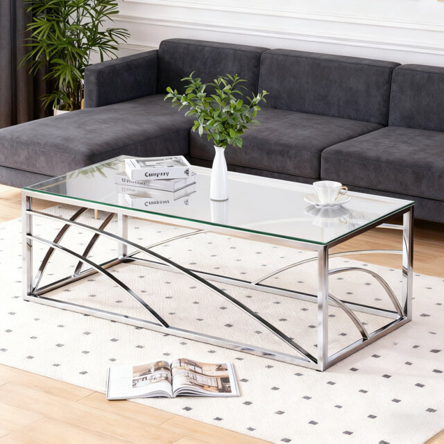 Roniqua 120cm Luxury Modern Tempered Glass Coffee Table with Stainless Steel Frame for Living Room