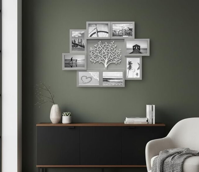 Embossed Tree Family Photo Frame Wall Mounted Rectangular Collage 8 Openings 4x6'' With Metal Hooks Modern Rustic Style Smooth Surface Stable Hangings
