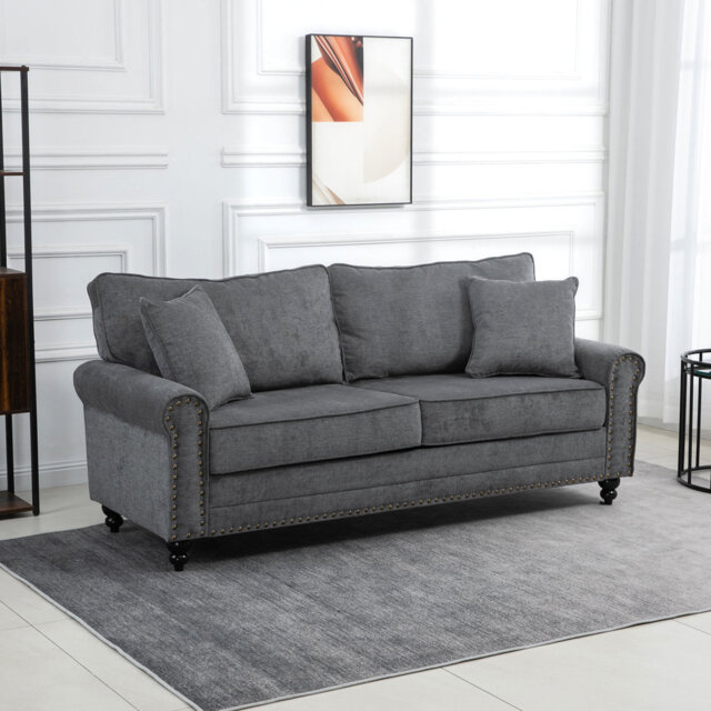 HOMCOM 196cm 3 Seater Sofa with Rubber Wood Legs, Nailhead Trim, Brown