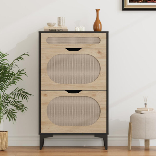 Rattan Shoe Cabinet with 2 Flip Drawers and 1 Pull-Out Drawer, Free Stand Shoe Storage Cabinet, 3 Adjustable Shelf, Narrow Shoe Cabinet for Entryway/P