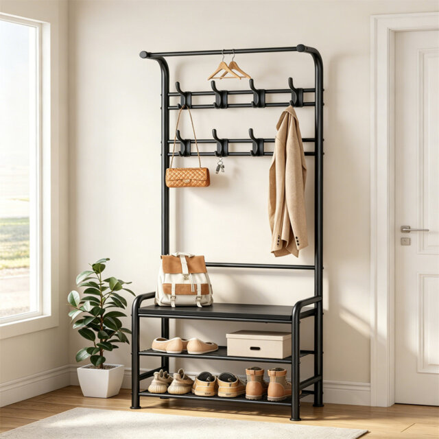 Coat Stand 182Cm, Coat Rack With Shoe Bench, Removable Hooks & Hanging Rail, Coat And Shoe Storage Organiser For Hallway, Entryway & Small Spaces