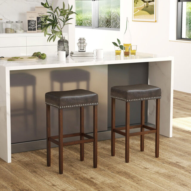 Set Of 2 Bar Stools Upholstered Counter Height Saddle Stools PU Leather