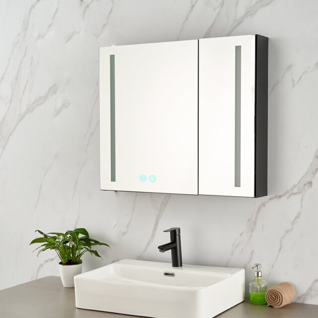 Led Bathroom Mirror Cabinet Black 2 Door With Anti-fog Demister Pad, Time And Temperature Display Illuminated Light,hd Mirror, 750 X 650mm Touch Senso
