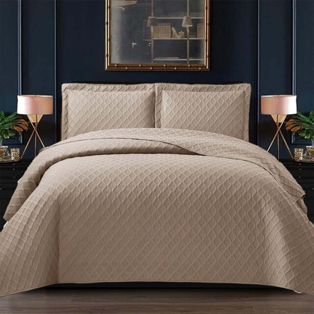 Bedspread Diamond Check Embossed Set with Pillow Shams, Textured All-Season Comfort, Single, Double, King & Super King