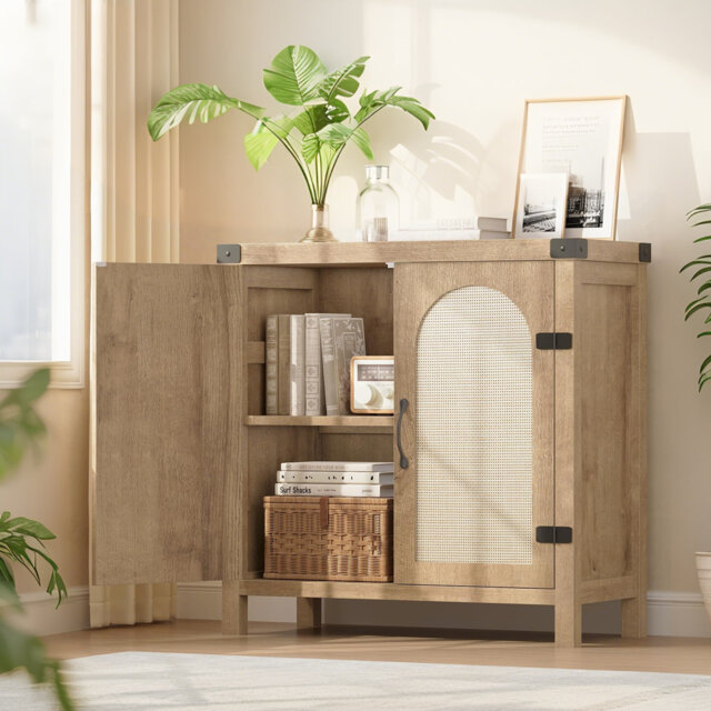 Natural Rattan Sideboard Buffet Cabinet, Farmhouse Storage Cabinet, Wooden Coffee Bar with Adjustable Shelves for Dining Room, Kitchen, Living Room