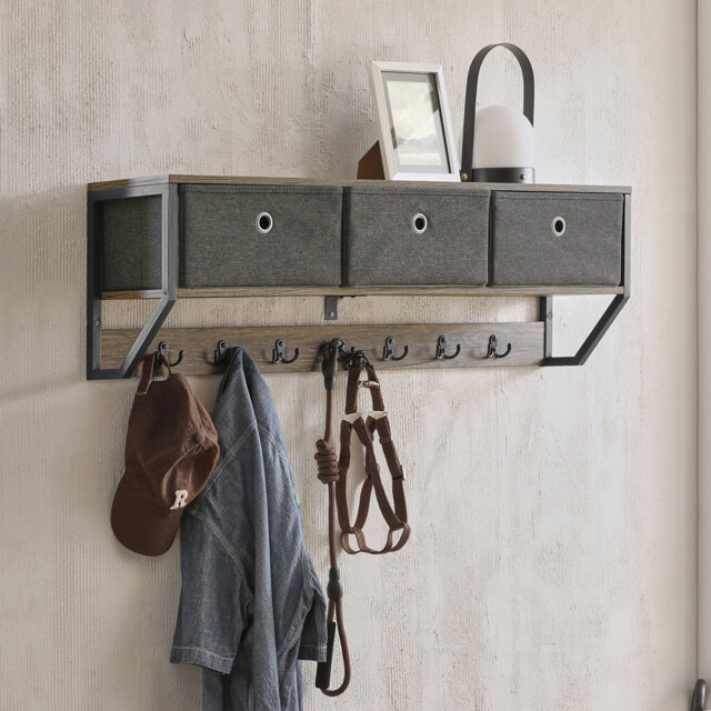 Ghazi Hook Wall Mounted Coat Rack with Storage in Brown/Gray