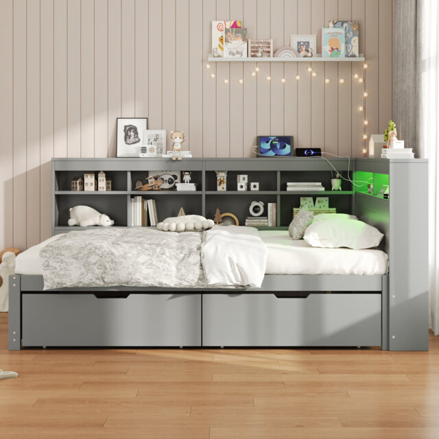4ft6 Daybed With Led, 2 Drawers And Shelves White