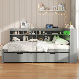 4ft6 Daybed With Led, 2 Drawers And Shelves White