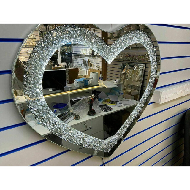 80x70cm Led Light Heart Shape Sparkly Crushed Crystal Diamante Bling Wall Mirror