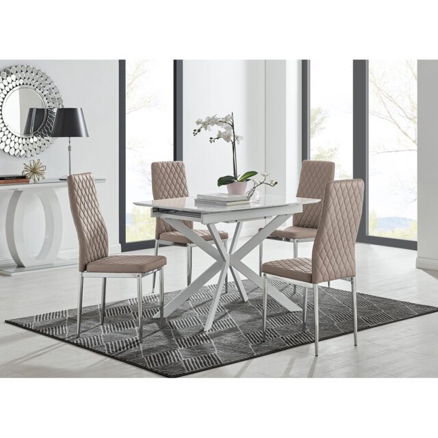 Eubanks Modern High Gloss Extendable Dining Table Set with x4 Luxury Faux Leather Dining Chairs