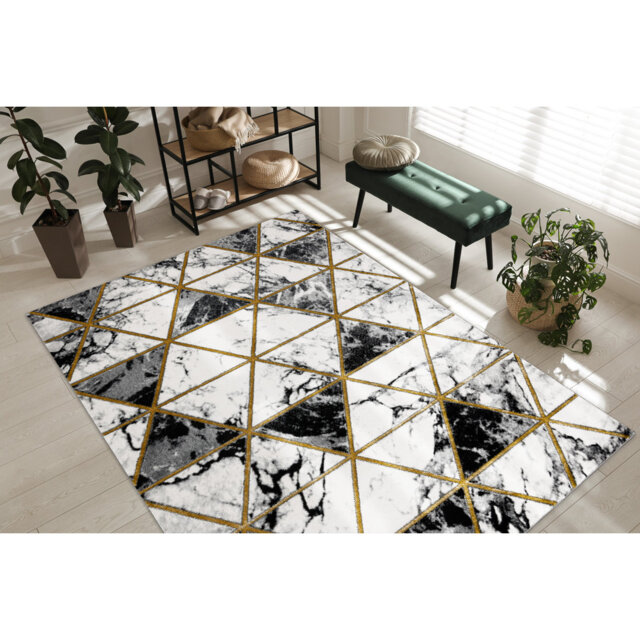 Exclusive glamor rug, Stivoll, marble, triangles black / gold