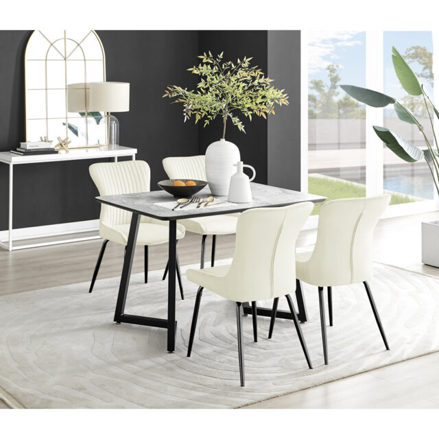 White & Grey Marble Effect Melamine Dining Table and Chairs - 4 Luxury Velvet Dining Chairs