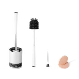 Toilet Brush With Drainage Holder Set,Flex Silicone Anti-Clog Anti-Drip Brush Head, White/Grey Colour With Stainless Steel Handle, 2-Pack With Diatomi