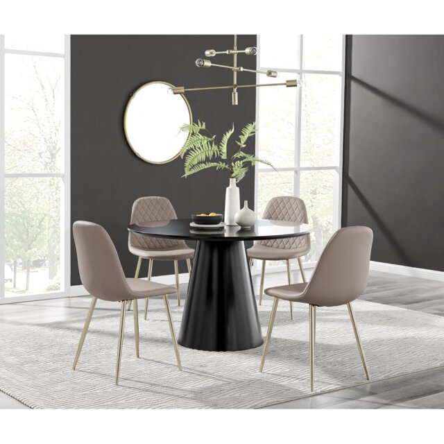 Edzard Statement Pedestal Round Dining Table Set & 4 Luxury Faux Leather Dining Chairs