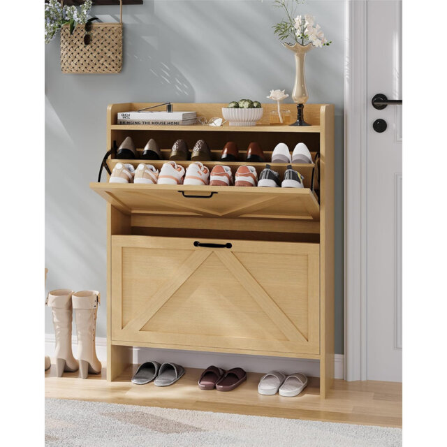 Narrow Shoe Cabinet with 2 Turnover Drawers – Space-Saving Hidden Shoe Storage Organizer for Entryway, Hallway, Bedroom – Adjustable Shelves, Enclosed