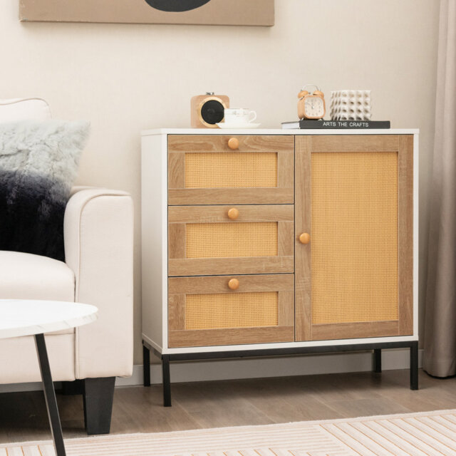 Rattan Buffet Cabinet Storage Sideboard Bar Accent Cabinet 1 Door And 3 Drawers