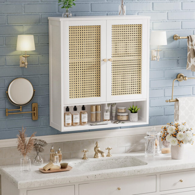 Bathroom Wall Cabinet, Bamboo Over-The-Toilet Storage Organizer With 2 Rattan Doors And Adjustable Shelf (White)