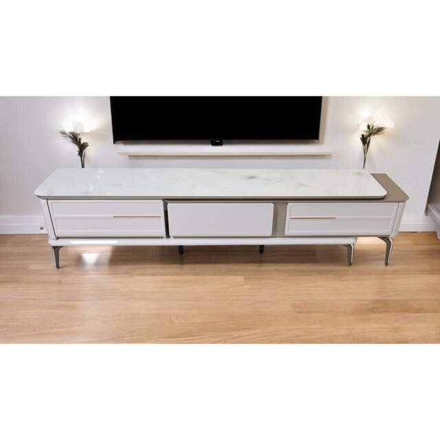 TV Unit 180cm I Luxury Modern Cabinet Grey I High Gloss I Chrome Finish Accents