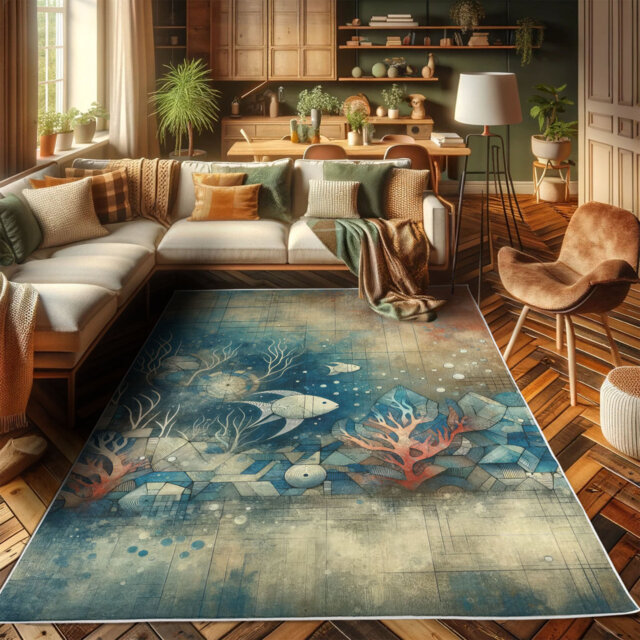 Decorative rug, coral and fish nautical, gray yellow sea blue