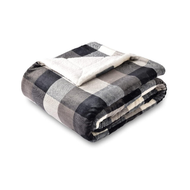 Sherpa Plaid Fleece Throw Blanket, Double Sided Super Soft Luxurious Bedding Blanket 150cm×200cm, Black White