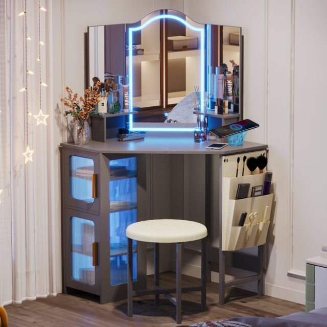 Dressing Table with Motion Sensor 3-colour lighting, Charging Socket and Stool