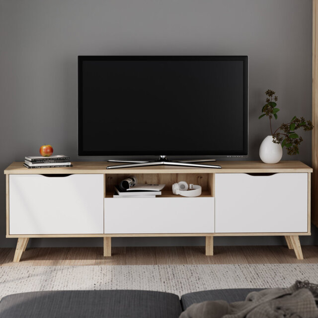 TV stand with 2 doors and 1 drawer, wood composite, light oak with white decor, 179.1cm W x 54.3cm H x 42cm D