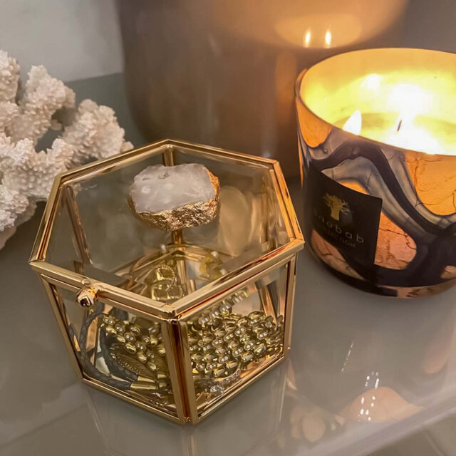 Hexagon Glass Jewellery Box in Gold with Agate Crystal