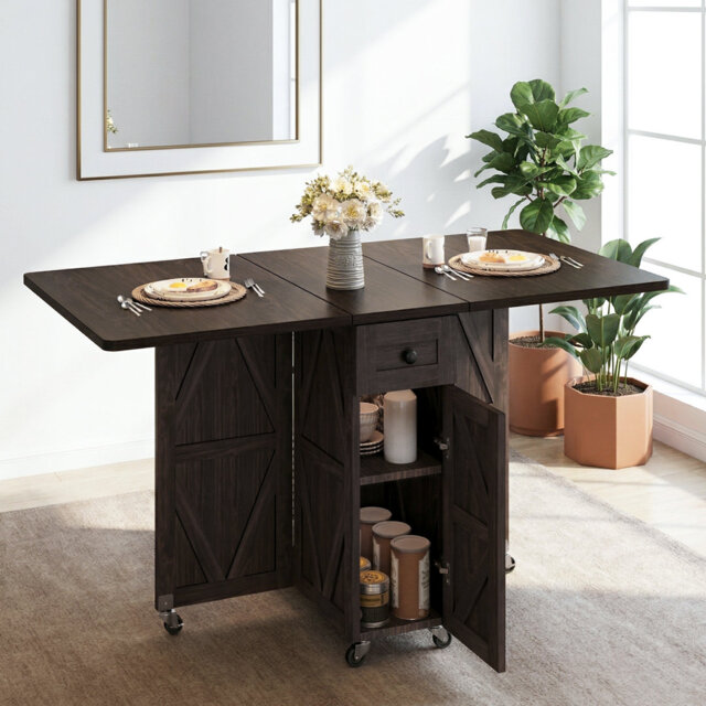 Folding Dining Table, Mobile Drop Leaf Table With 6 Wheels & Spacious Storage Drawers For Small Spaces, Kitchen & Dining Room