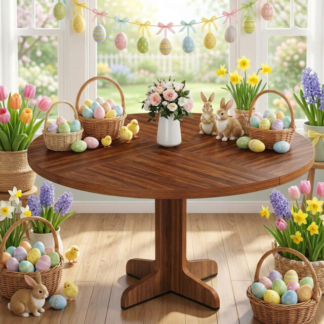 Round Dining Table, 119.9-cm Wooden Kitchen Table for 4-6 People, Farmhouse Circle Dinner Tables with Wooden Tabletop and Legs, No Shaking Easy Assemb