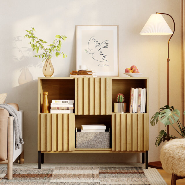 90w Sideboard With 3 Open Shelves, 3 Closed-door Shelves, Wooden Storage Cabinet With Metal Legs For Living Room Dining Room, Natural Wood Finish