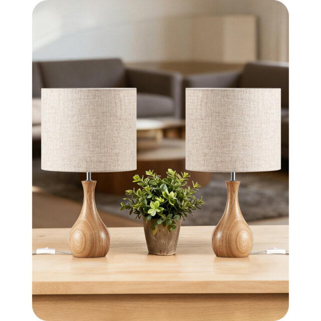 Small Table Lamps Set Of 2, Wood Desk Lamp With Bottle-Shaped Base And Linen Shade, Bedside Lamp, E27 LED Bulb Included, For Living Room, Bedroom [Ene
