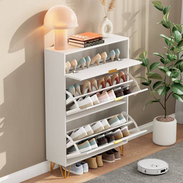 White 3-Tier Flip Drawer Shoe Cabinet With Gold Handles & Legs