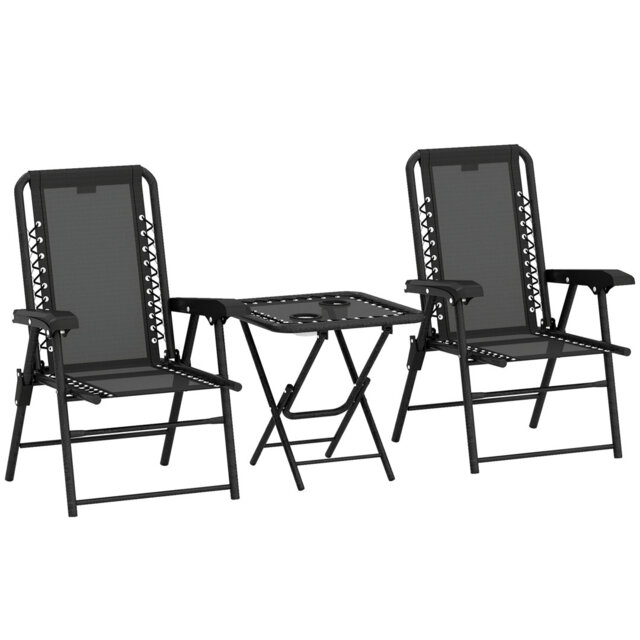 Garden Table and Chair Set 65*61*91 cm Powder-Coated Steel 3 Pieces Bistro Set Black Foldable & with Cup Holders
