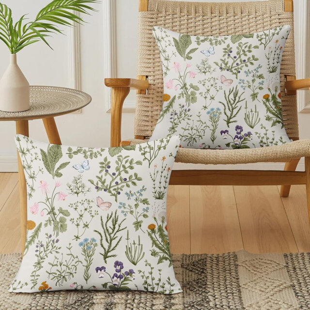 Cushion Covers Set Of 2 Pack 45 X 45 Cm - Soft Short Plush Sage Green Wild Flower Plant Pillow Covers For Sofa Bed Garden Outdoor Spring Decor Flower