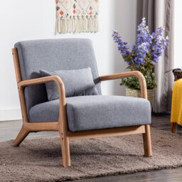 Solid Wood Accent Chair with Lumbar Pillow & Toss Cushion, Linen-Blend Armchair with Square Arms, Mid-Century Lounge Chair for Living Room & Bedroom
