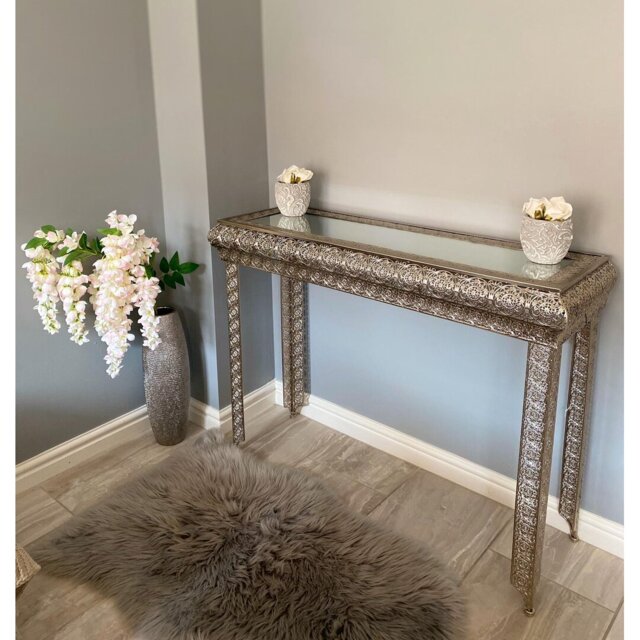 French Silver Embossed Metal & Glass Moroccan Style Console Table