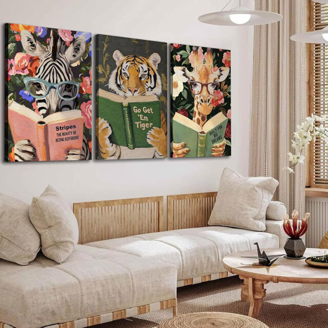 Funny Whimsical Animal Wall Art Motivational Tiger Giraffe And Zebra Reading Book Pictures Nursery Decor Humorous Bookworm Posters Literary Animal Pri