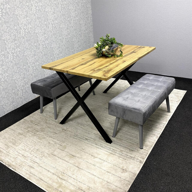 Wooden Brown Dining Table with 2 Velvet Padded Benches, Stylish Dining Room Furniture