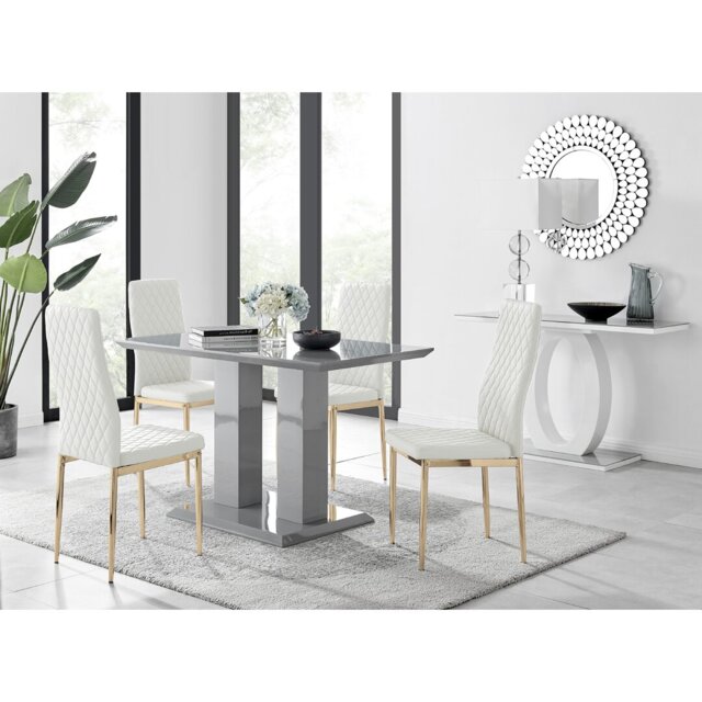 Eubanks Double Pedestal High Gloss Dining Table Set with 4 Luxury Faux Leather Dining Chairs