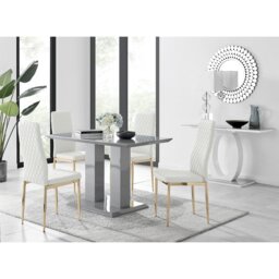 Eubanks Double Pedestal High Gloss Dining Table Set with 4 Luxury Faux Leather Dining Chairs