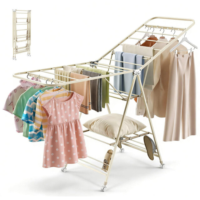 Space-Saving Foldable Drying Rack - 95/130Cm Adjustable Wings - 23-Bar Heavy-Duty Carbon Steel Clothes Airer With Lockable Casters