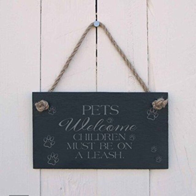 Slate Hanging Sign with Pets Welcome Children Must Be on a Leash Wall DÃ©cor