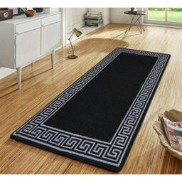 Greek-Key Black Grey Non-Slip Polypropylene Area Rug — Washable Door Mat & Hallway Runner for Living Room, Kitchen & Bedroom