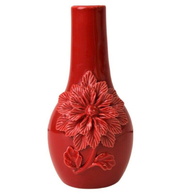 Ceramic Bud Vase - Red Bottle Neck 3D Flower Vase Wall Plaque Decoration 20.5Cm