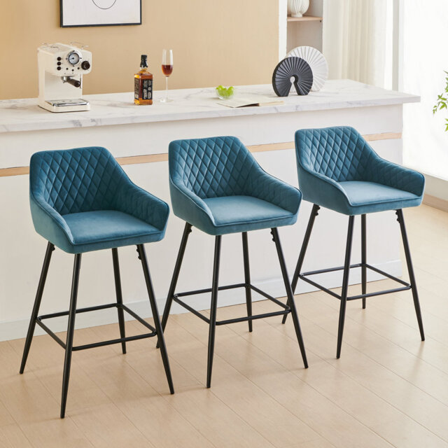 Upholstered Bar Stools with Armrests & Diamond Tufting